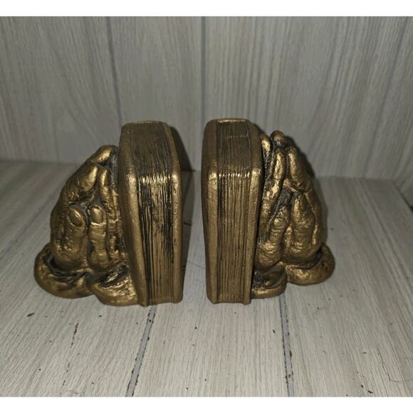 Vintage Praying Hands Bookends Gold Book Holders 5" Tall Bible Religious God - Picture 7 of 8